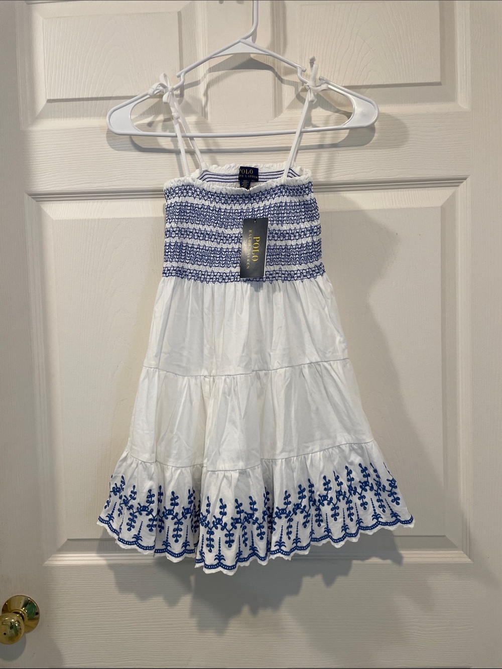 Ralph Lauren White Sundress with Blue Embroidered Hem and Smocked Top NWT